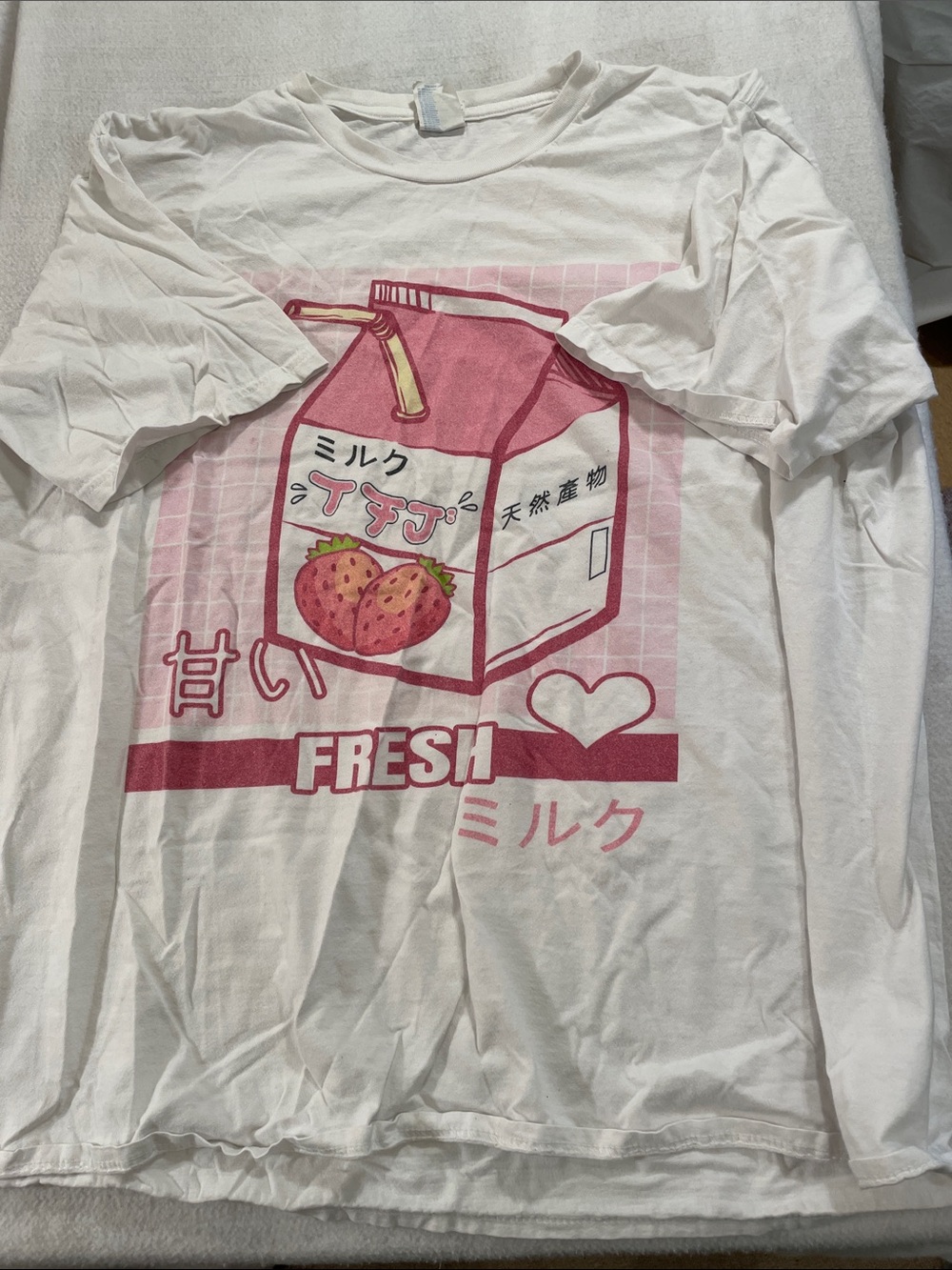 Port and Company White Short-Sleeve Tee with Pink Strawberry Milk Graphic